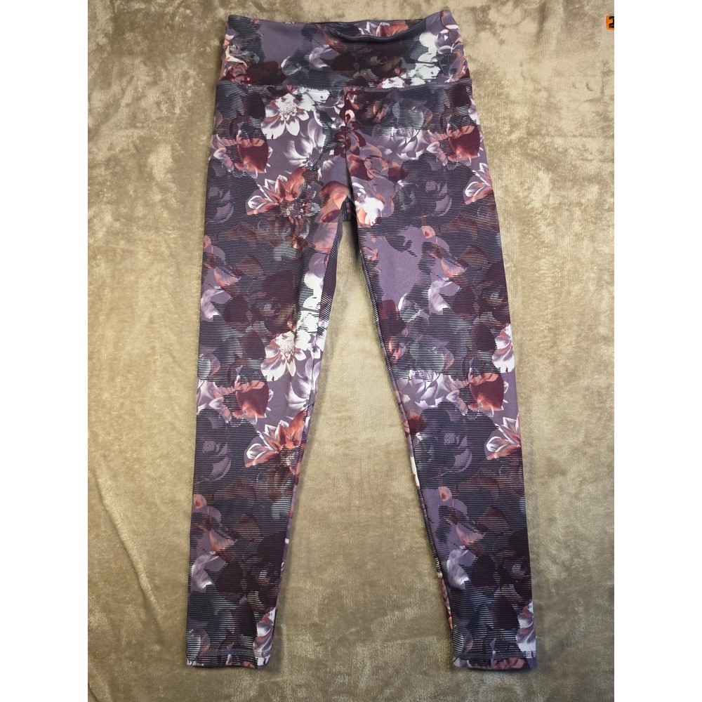 Balance Collection Womens Floral Pinstripe Leggings Purple Plum High Waist M